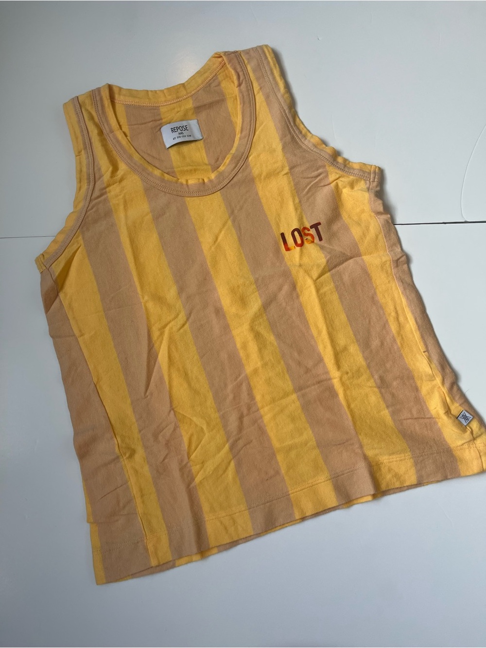 Kids Yellow & Tan Repose AMS Striped Tank Top - "LOST" Graphic. 6yo